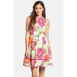 Eliza J Fit Flare Mini Dress Size 4 Pink Floral Cut Out Pleated Romantic Elegant